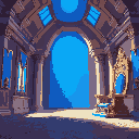 open palace hall with blue shade and throne on the right side