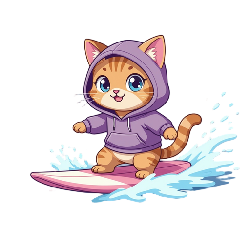 pixels, mauve pastel colors, cute cat in hoodie, riding on surfboard 