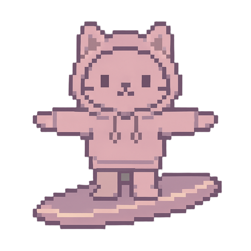 pixels, mauve pastel colors, cute cat in hoodie, riding on surfboard , t pose