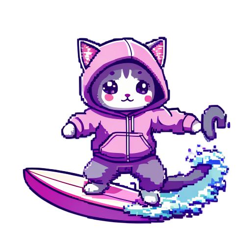 pixels, mauve pastel colors, cute cat in hoodie, riding on surfboard , t pose