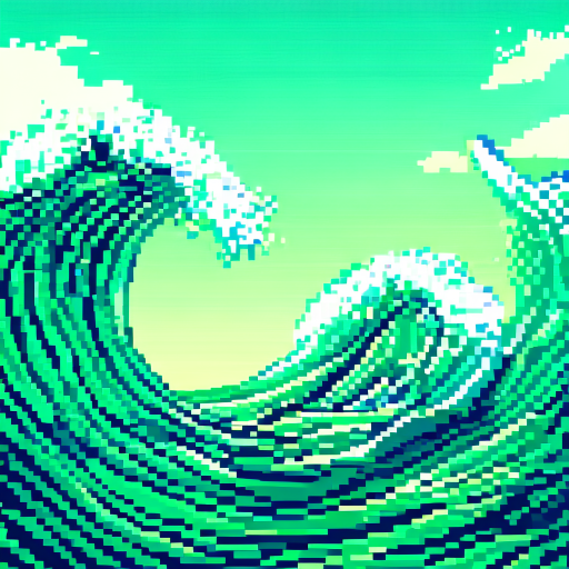 straight horizontal wave with huge waves high, sky should be peeking out. emerald  pixels 