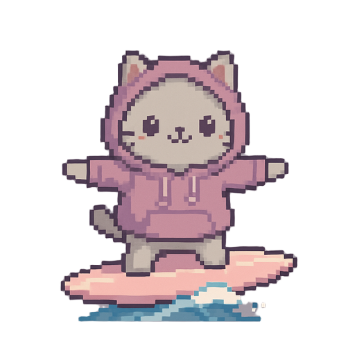 pixels, mauve pastel colors, cute cat in hoodie, riding on surfboard , t pose