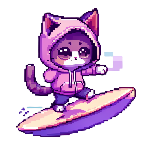pixels, mauve pastel colors, cute cat in hoodie, riding on surfboard 
