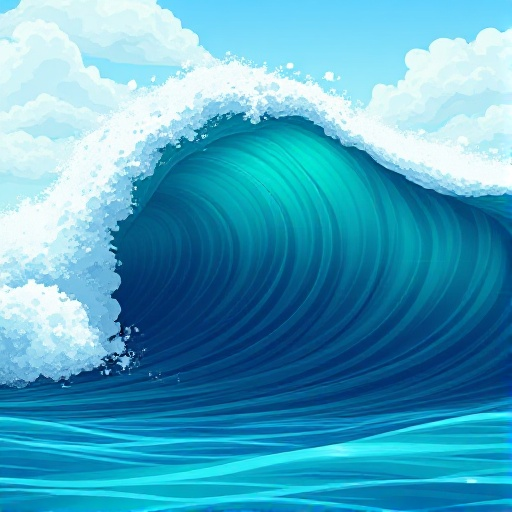 straight horizontal wave with huge waves high, sky should be peeking out. emerald  pixels 