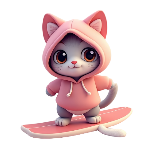 pixels, mauve pastel colors, cute cat in hoodie, riding on surfboard 