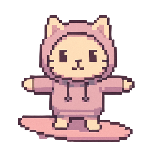 pixels, mauve pastel colors, cute cat in hoodie, riding on surfboard , t pose