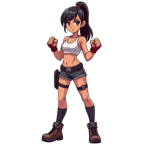 create a female protaganist that uses fists for weapons, add black outline