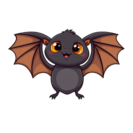 a cute, cartoon bat is centrally positioned on a plain white background. the bat is dark gray with brown wings and large, bright orange eyes. it has a rounded face and slightly open mouth, with a playful pose and spread-out wings. the style is a simple, f
