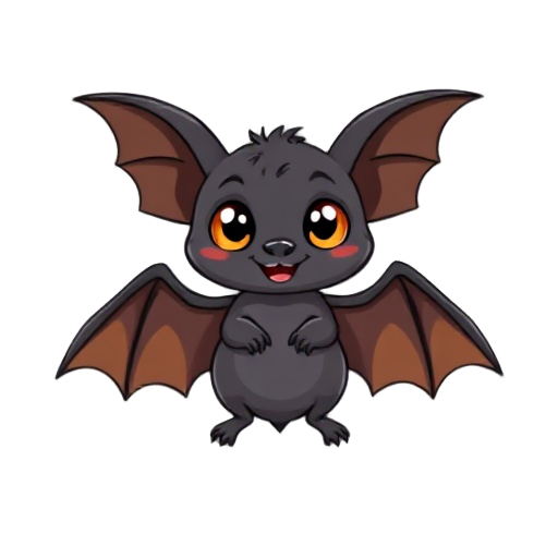 a cute, cartoon bat is centrally positioned on a plain white background. the bat is dark gray with brown wings and large, bright orange eyes. it has a rounded face and slightly open mouth, with a playful pose and spread-out wings. the style is a simple, f