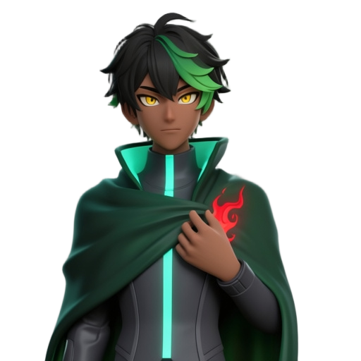 anime-style male character, medium brown skin, sharp golden eyes, short messy black hair with green gradient tips, futuristic dark grey suit with glowing mint green vertical stripe, high collar, dark forest green cloak draped over shoulders, right hand ho