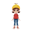 create a character for a girl with blue pants, a red shirt, and a yellow strawberry hat. i want her to be in all four directions: right, left, front, and back.