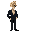 man, blonde hair, black tuxedo, black blazer, black suit, white undershirt, buttons, black pants, black dress pants, glasses, cocky, black shoes, white man