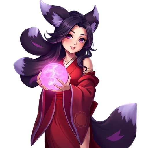 young eastern woman, nine fluffy fox tails, long dark hair with purple tint, crimson kimono, seductive playful expression, holding glowing pink magic orb, moonlit asian shrine, mystic fog and sparkles, high-detail anime style, dramatic lighting, league of