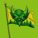 flag with goblin face and forest, use green and yellow colors