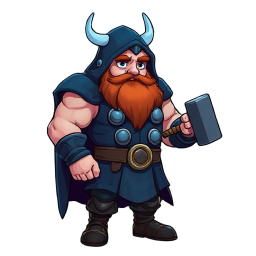 thor, red beard, navy blue hood over head, navy blue fur coat, holding hammer, norse god, tall muscular fat, blue lighting surrounding