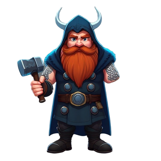 thor, red beard, navy blue hood over head, navy blue fur coat, holding hammer, norse god, tall muscular fat, blue lighting surrounding