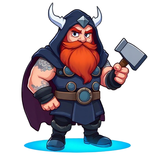 thor, red beard, navy blue hood over head, navy blue fur coat, holding hammer, norse god, tall muscular fat, blue lighting surrounding