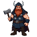thor, red beard, navy blue hood over head, navy blue fur coat, holding hammer, norse god, tall muscular fat