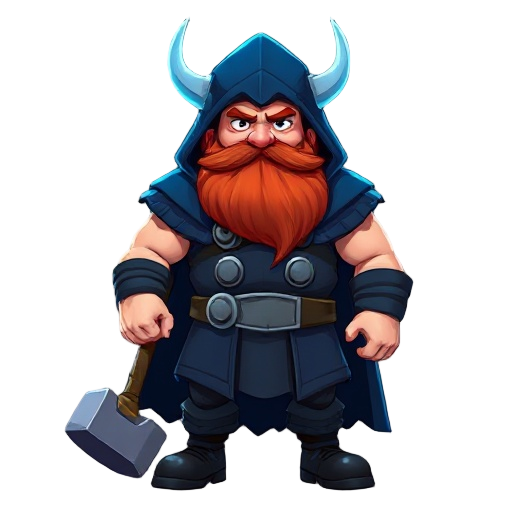 thor, red beard, navy blue hood over head, navy blue fur coat, holding hammer, norse god, tall muscular fat, blue lighting surrounding