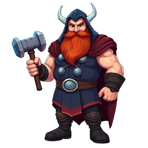 thor, red beard, navy blue hood over head, navy blue fur coat, holding hammer, norse god, tall muscular fat, blue lighting surrounding