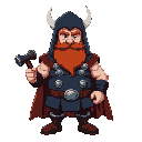 thor, red beard, navy blue hood over head, navy blue fur coat, holding hammer, big belly