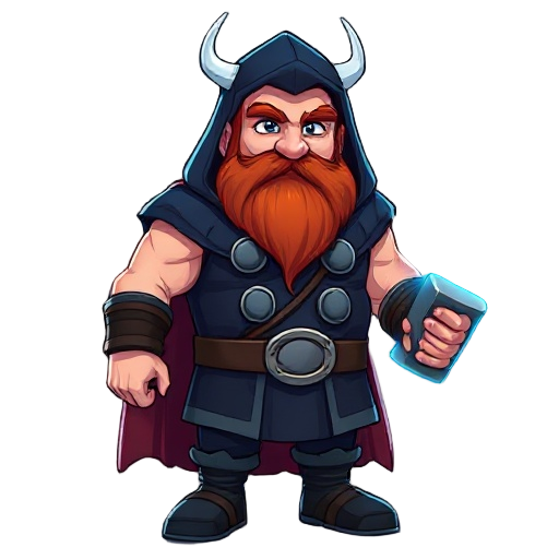 thor, red beard, navy blue hood over head, navy blue fur coat, holding hammer, norse god, tall muscular fat, blue lighting surrounding