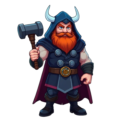 thor, red beard, navy blue hood over head, navy blue fur coat, holding hammer, norse god, tall muscular fat, blue lighting surrounding