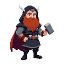 thor, red beard, navy blue hood over head, navy blue fur coat, holding hammer