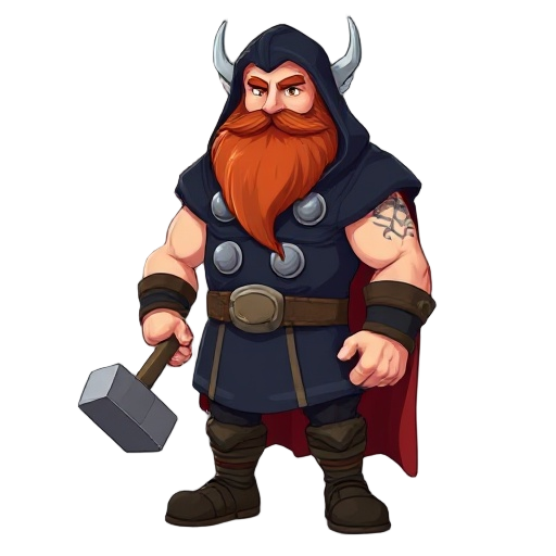 thor, red beard, navy blue hood over head, navy blue fur coat, holding hammer, norse god, tall muscular fat