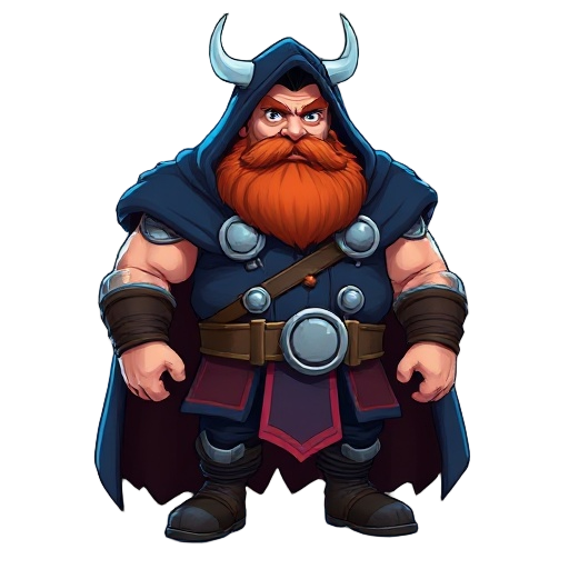 thor, red beard, navy blue hood over head, navy blue fur coat, holding hammer, norse god, tall muscular fat, blue lighting surrounding