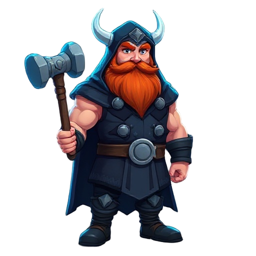 thor, red beard, navy blue hood over head, navy blue fur coat, holding hammer, norse god, tall muscular fat, blue lighting surrounding