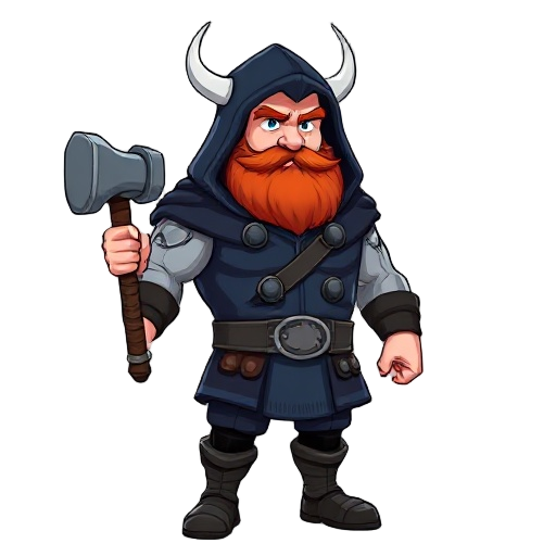 thor, red beard, navy blue hood over head, navy blue fur coat, holding hammer, norse god, tall muscular fat
