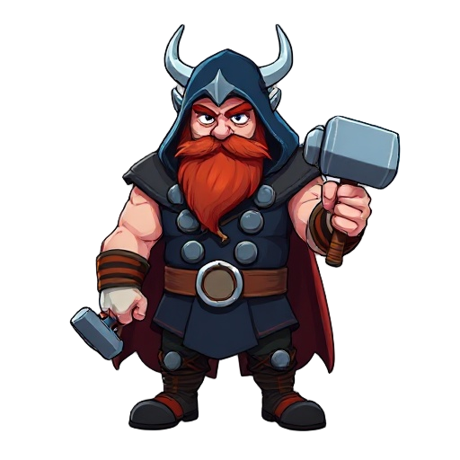 thor, red beard, navy blue hood over head, navy blue fur coat, holding hammer, norse god, tall muscular fat, blue lighting surrounding