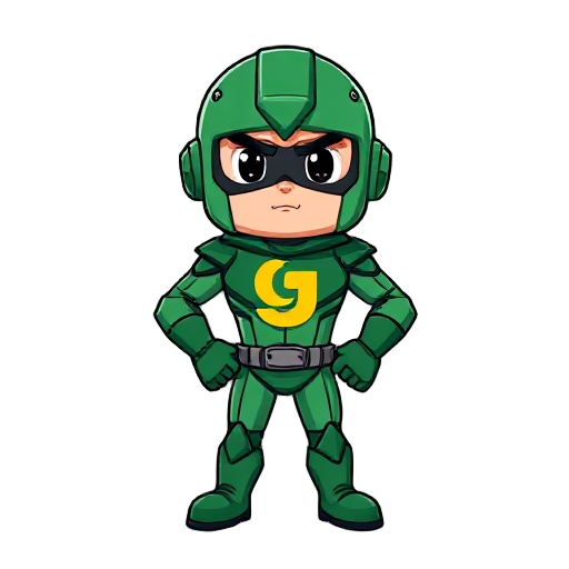 a superhero with a green helmet and the leeter g in yellow as logo