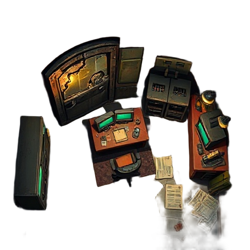 post-apocalyptic banker room, rusted metal walls, cracked vault door, scattered gold bars, dusty desk with old monitors, broken safe, dim flickering light, cracked floor tiles, survival gear in corner, financial documents torn and burnt, atmospheric, top-