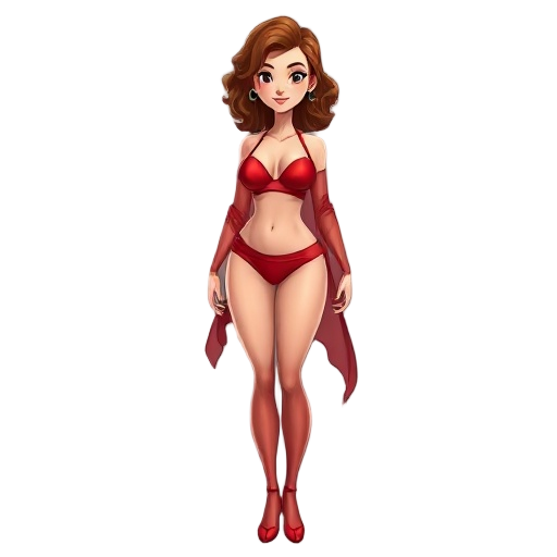 shoulder lengh curly chestnut colored hair, adult dancer lady, with a tight red outfit, with red bodice, and red underwear, with a red see through shawl.