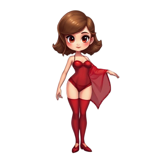 shoulder lengh curly chestnut colored hair, dancer girl, with a tight red outfit, with red bodice, and red underwear, with a red see through shawl.