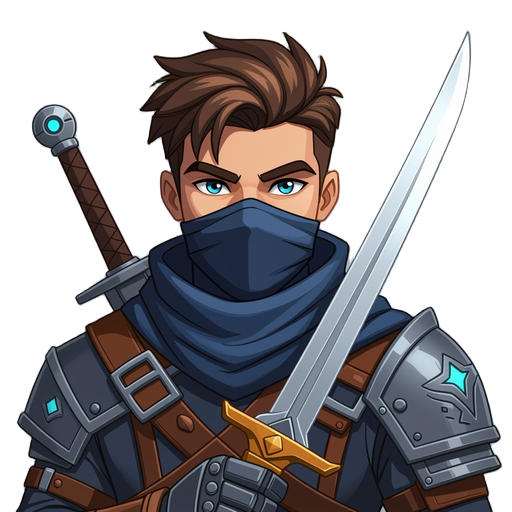 mix of futuristic and medieval, character with a scarf covering his nose and mouth, light sword and prostectic hand cannon