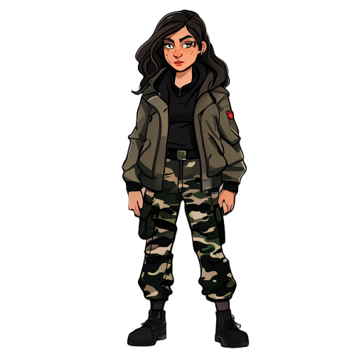 a rough looking woman with a jacket and black camo pants