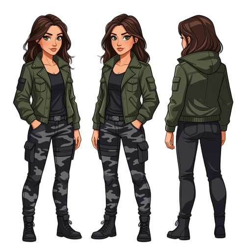 a rough looking woman with a jacket and black camo pants