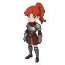 young red headed female knight wearing leather armor w/ ponytail