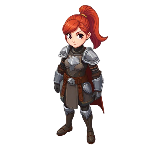 young red headed female knight wearing leather armor w/ ponytail