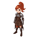 young red headed female knight wearing leather armor w/ ponytail