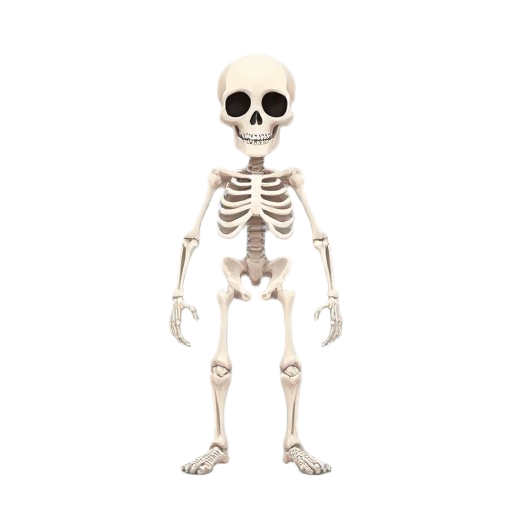 full-body view of a whimsical cartoony fantasy skeleton soldier, standing in a forward-facing static pose. the character is fully humanoid, with white bones, floating and detached arms, legs, and skul