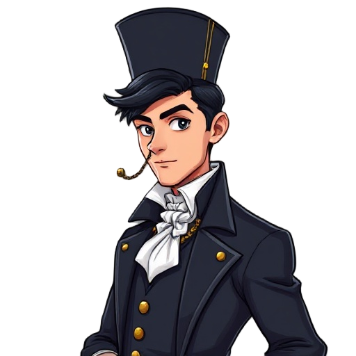 handsome male with short black hair, dressed in elegant 18th-century french attire, wearing a monocle with chain, a tall black top hat, confident and noble posture.