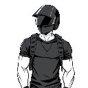manga panel, monochrome, 1boy, muscular male, wearing a black t-shirt and a full-face motorcycle helmet, backpack, necklace, upper body, close-up, screentones, high contrast