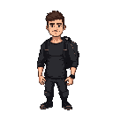 a man with a motorcycle headboard, a tight black shirt, a backpack