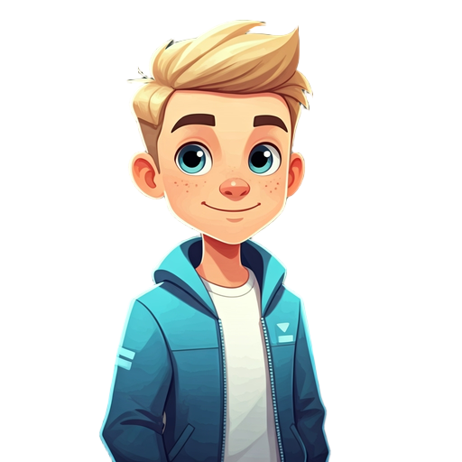 a friendly young male character with light skin, big expressive eyes, and short blonde hair styled to the side. he is wearing a blue jacket with white details over a white t-shirt. the character has a cheerful and approachable expression