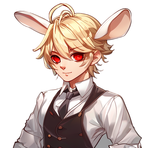 blond hair, red eyes, bunny boy, male anatomy, curvy physique, low ponytail, waiter's outfit