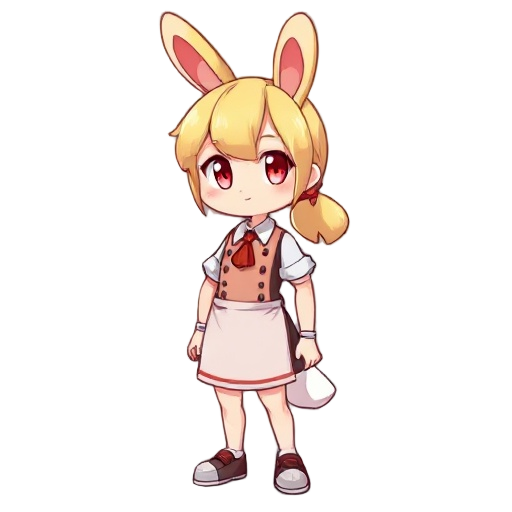 blond hair, red eyes, bunny boy, curvy physique, low ponytail, waiter's outfit